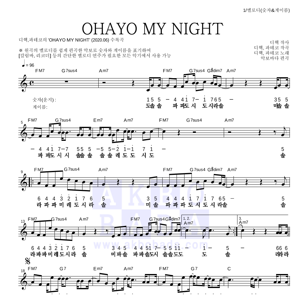 디핵,파테코 - OHAYO MY NIGHT 멜로디-숫자&계이름 악보 