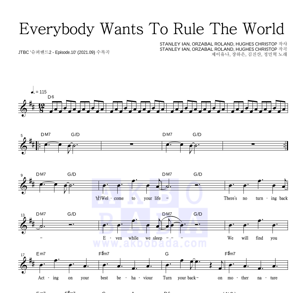 제이유나,장하은,김진산,정민혁 - Everybody Wants To Rule The World 멜로디 악보 