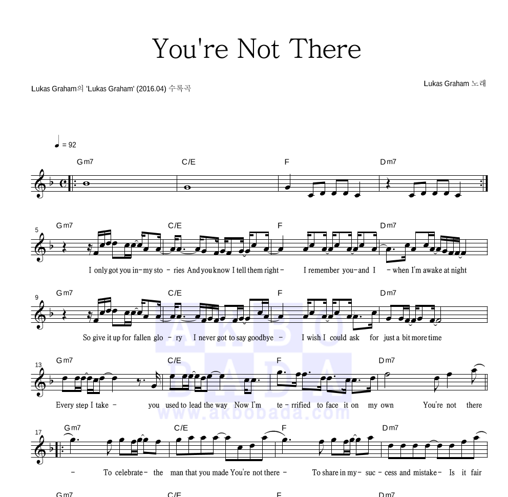 Lukas Graham - You're Not There 멜로디 악보 