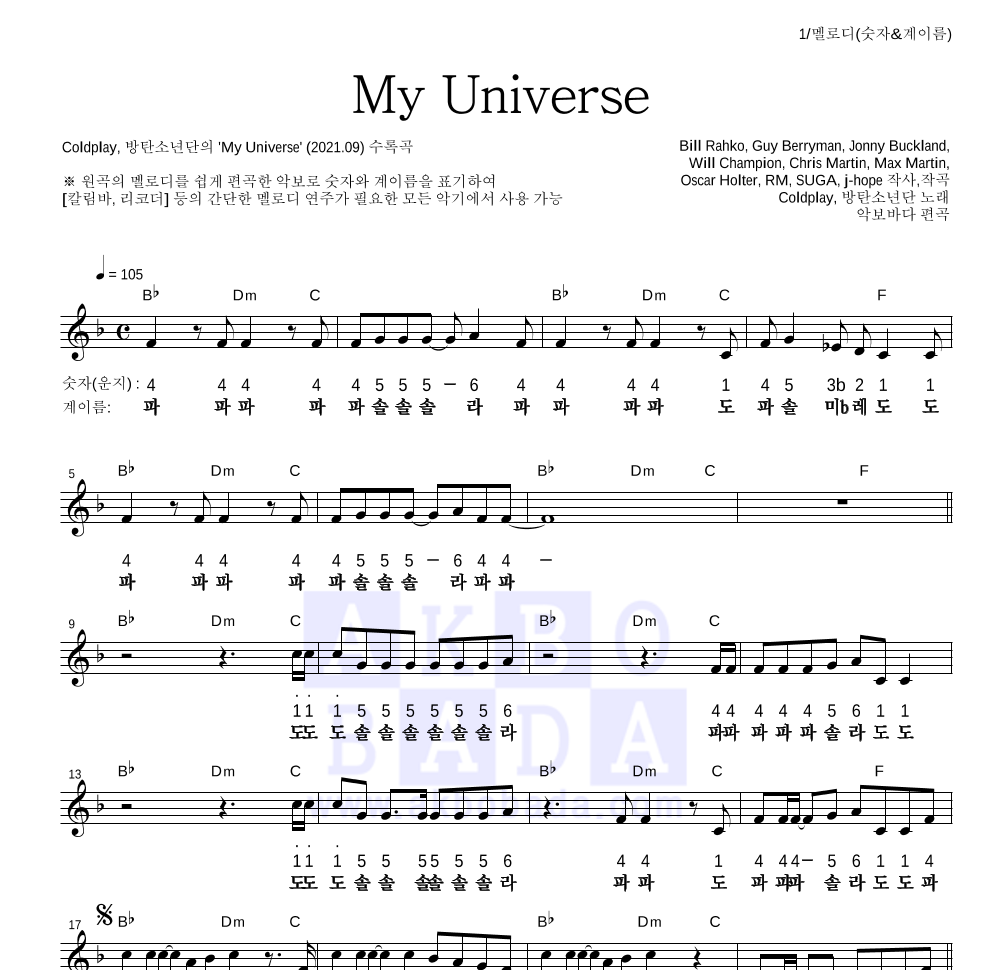 Coldplay,방탄소년단 - My Universe 멜로디-숫자&계이름 악보 