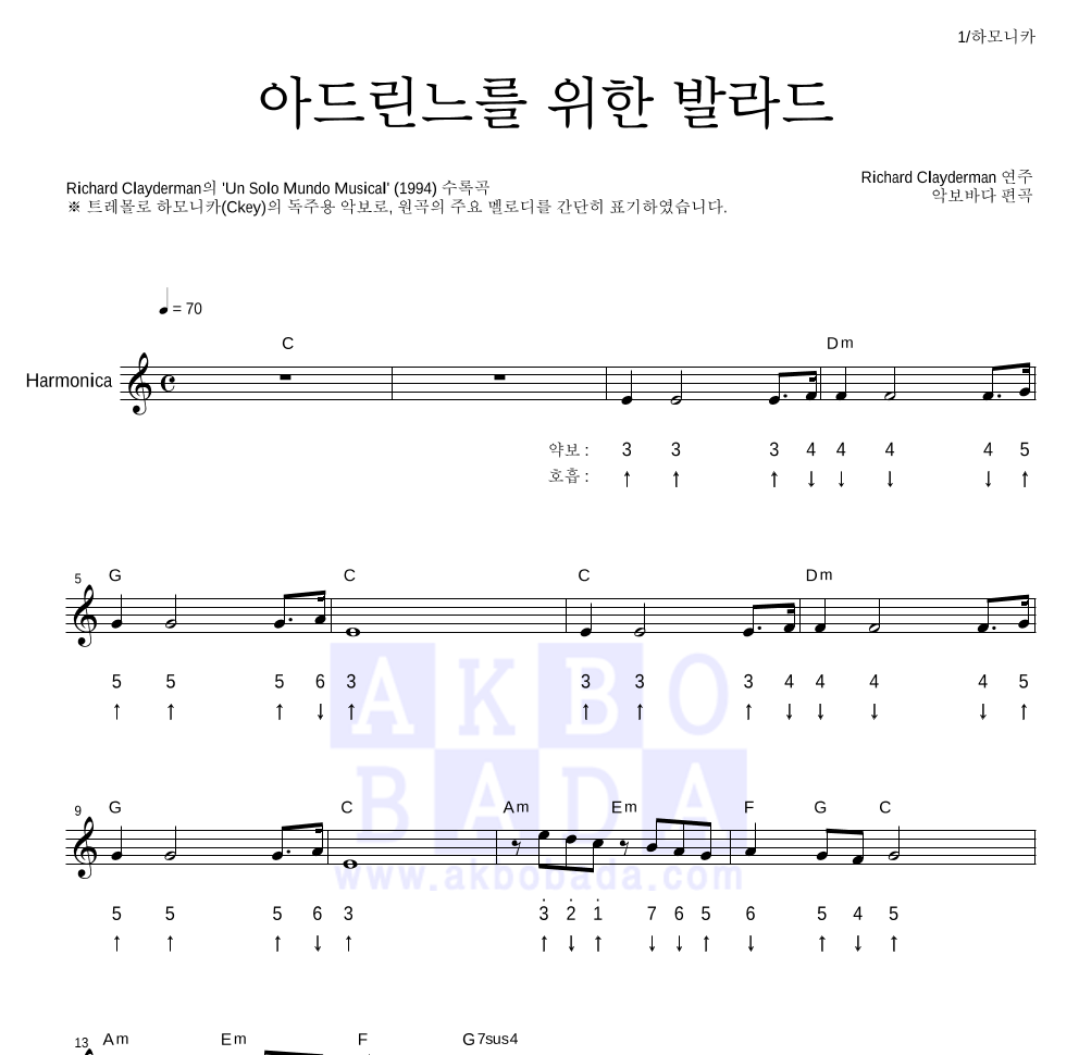 Richard Clayderman  - 아드린느를 위한 발라드 하모니카 악보 