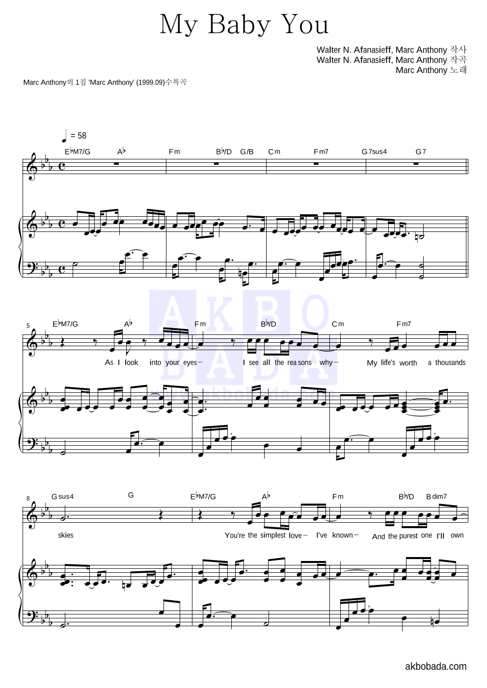Marc Anthony - My Baby You 피아노 3단 악보 