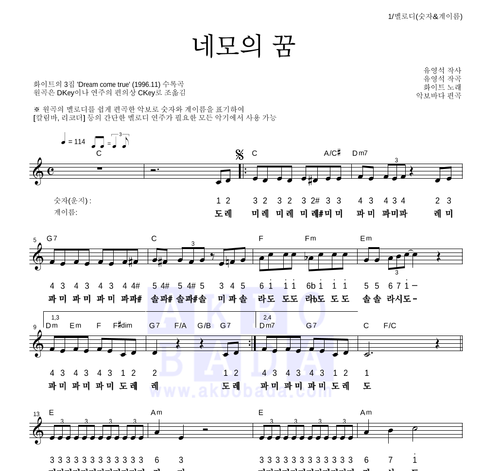 화이트 - 네모의 꿈 멜로디-숫자&계이름 악보 