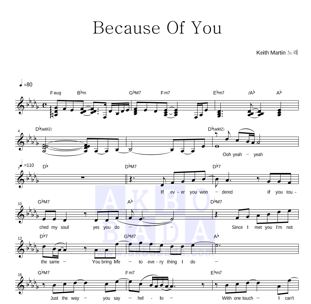 Keith Martin - Because Of You 멜로디 악보 