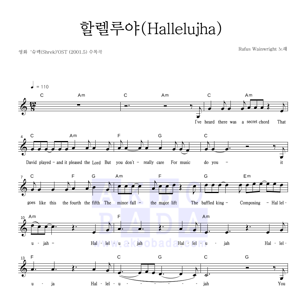 Rufus Wainwright - 할렐루야(Hallelujha) 멜로디 악보 