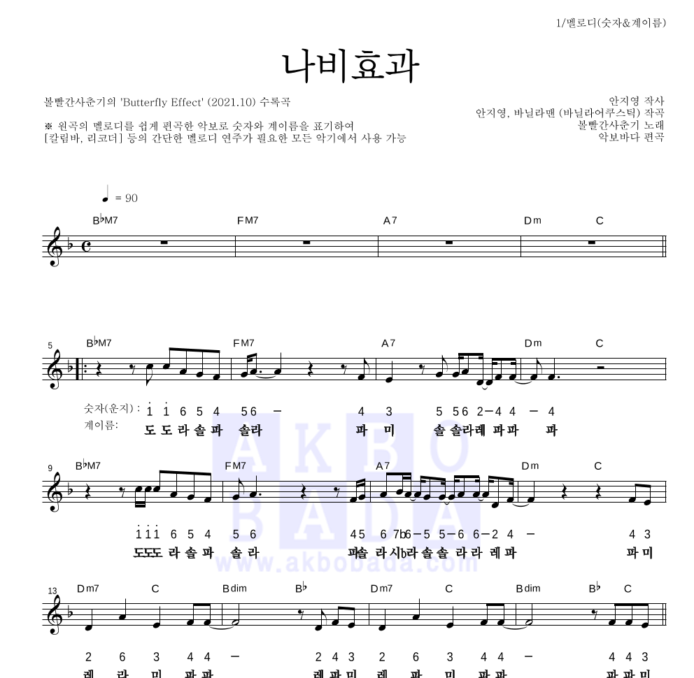 볼빨간사춘기 - 나비효과 멜로디-숫자&계이름 악보 