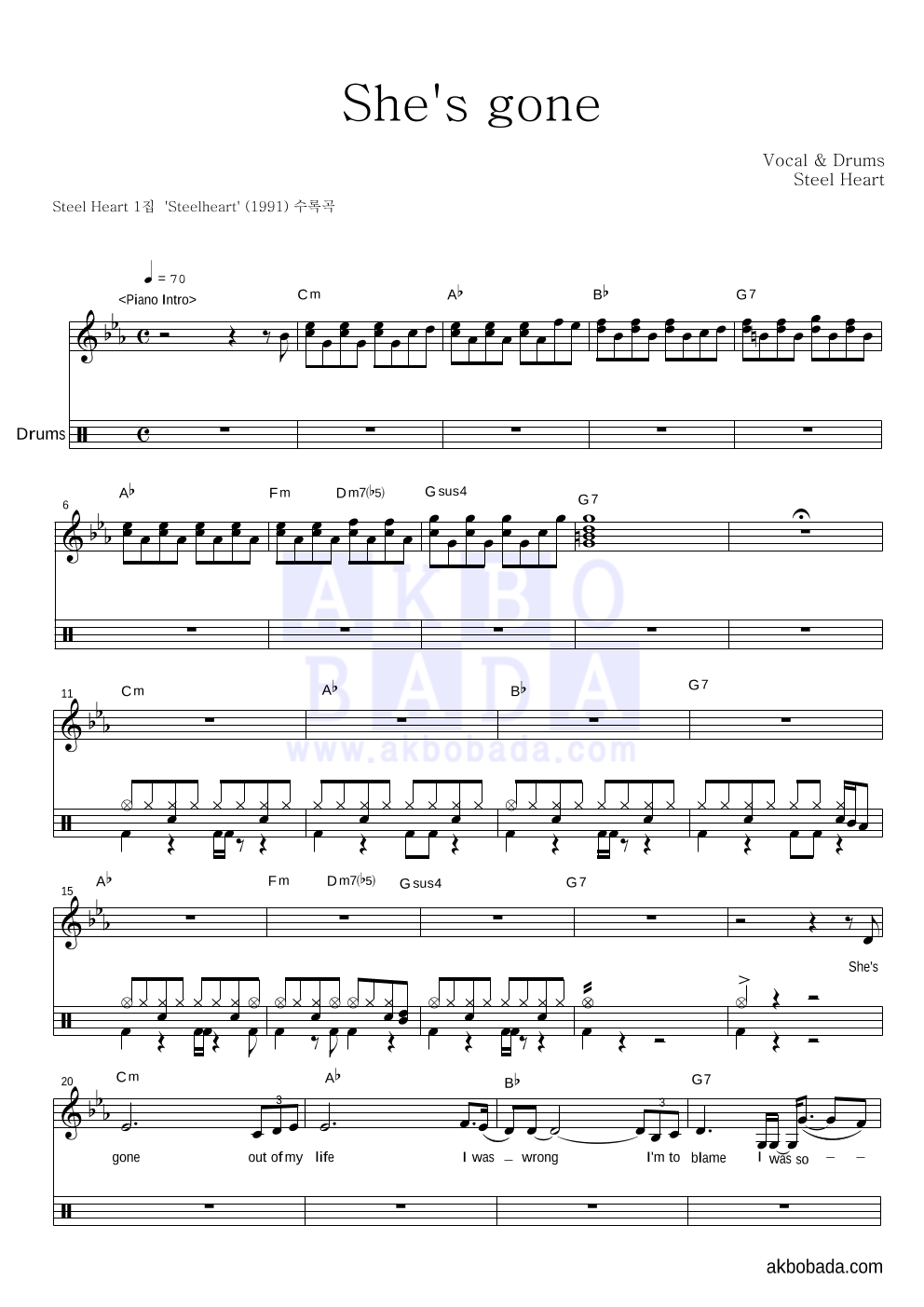 SteelHeart - She's gone 드럼 악보 