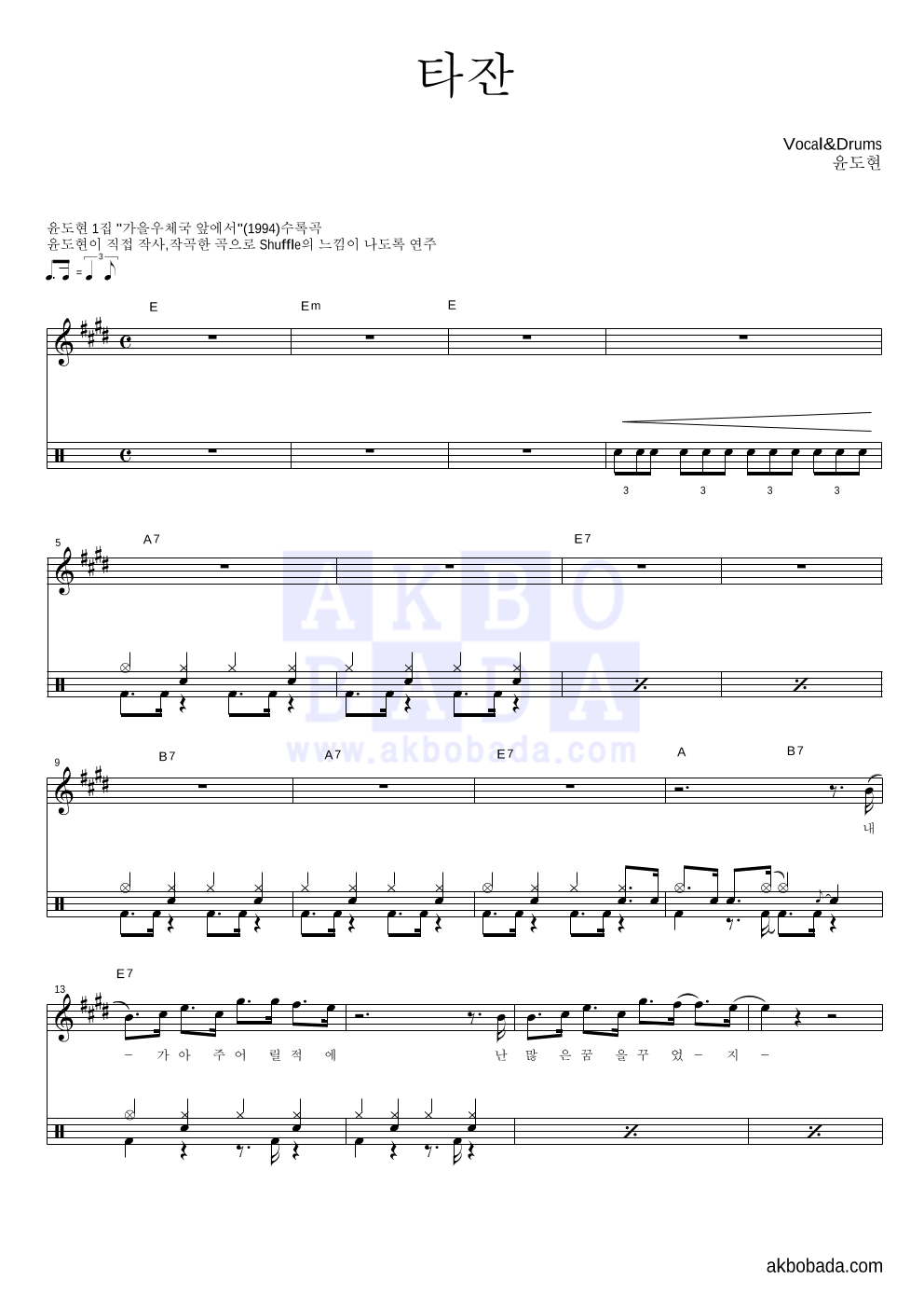 윤도현 - 타잔 드럼 악보 