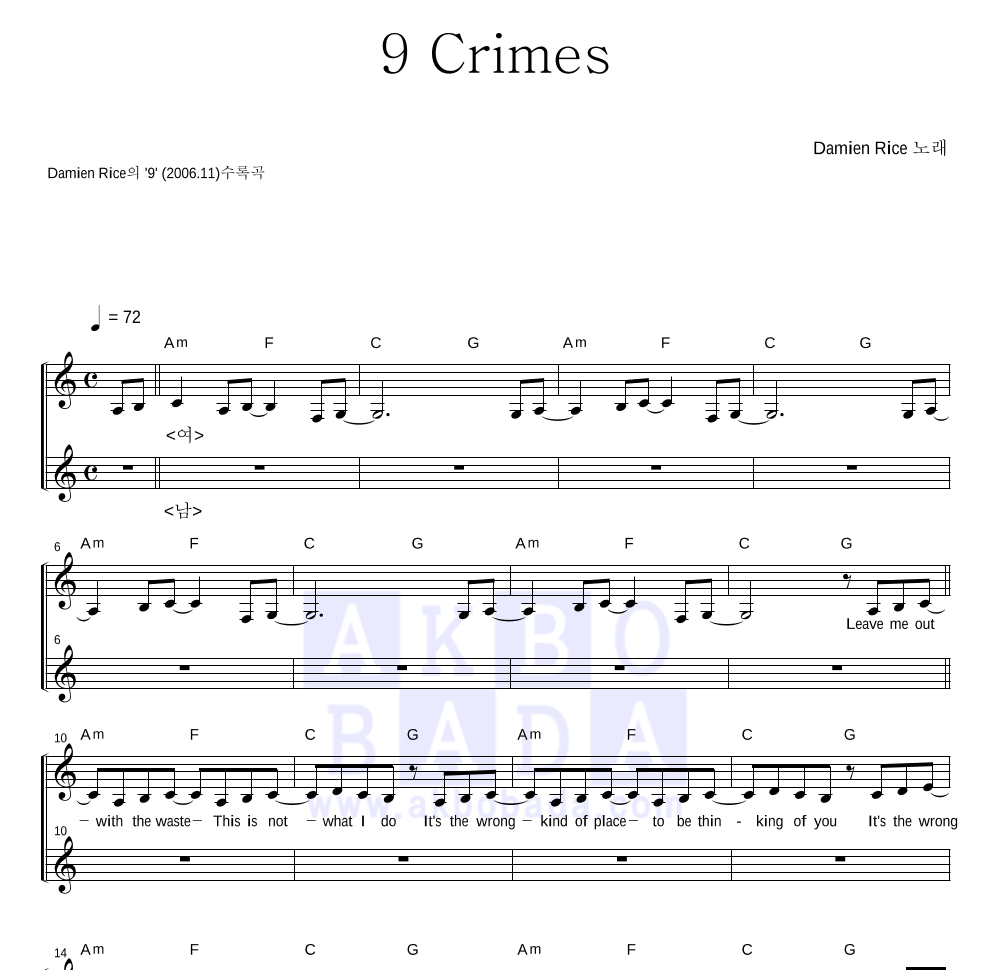 Damien Rice - 9 Crimes 멜로디 악보 