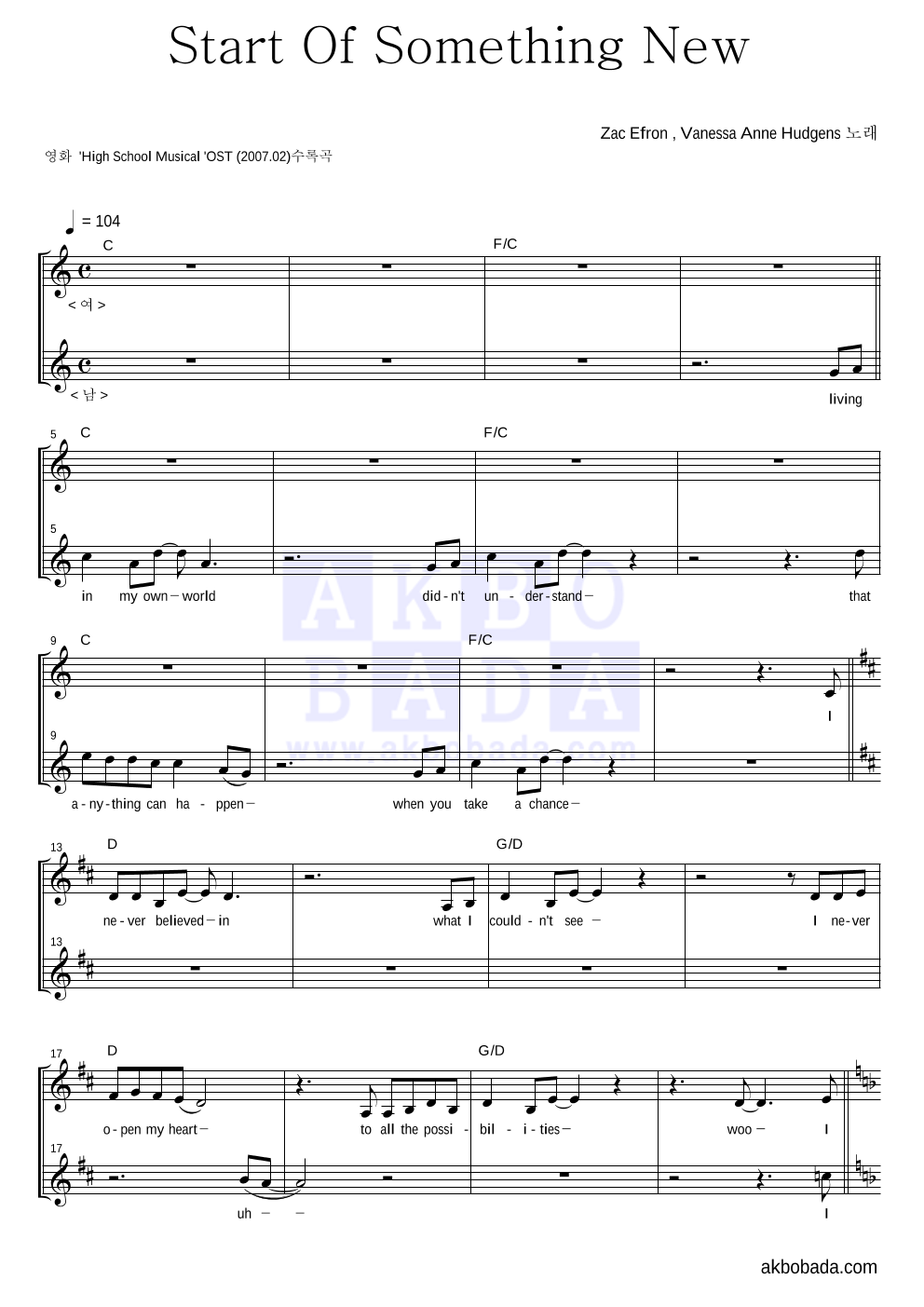High School Musical OST - Start Of Something New 듀엣 악보 