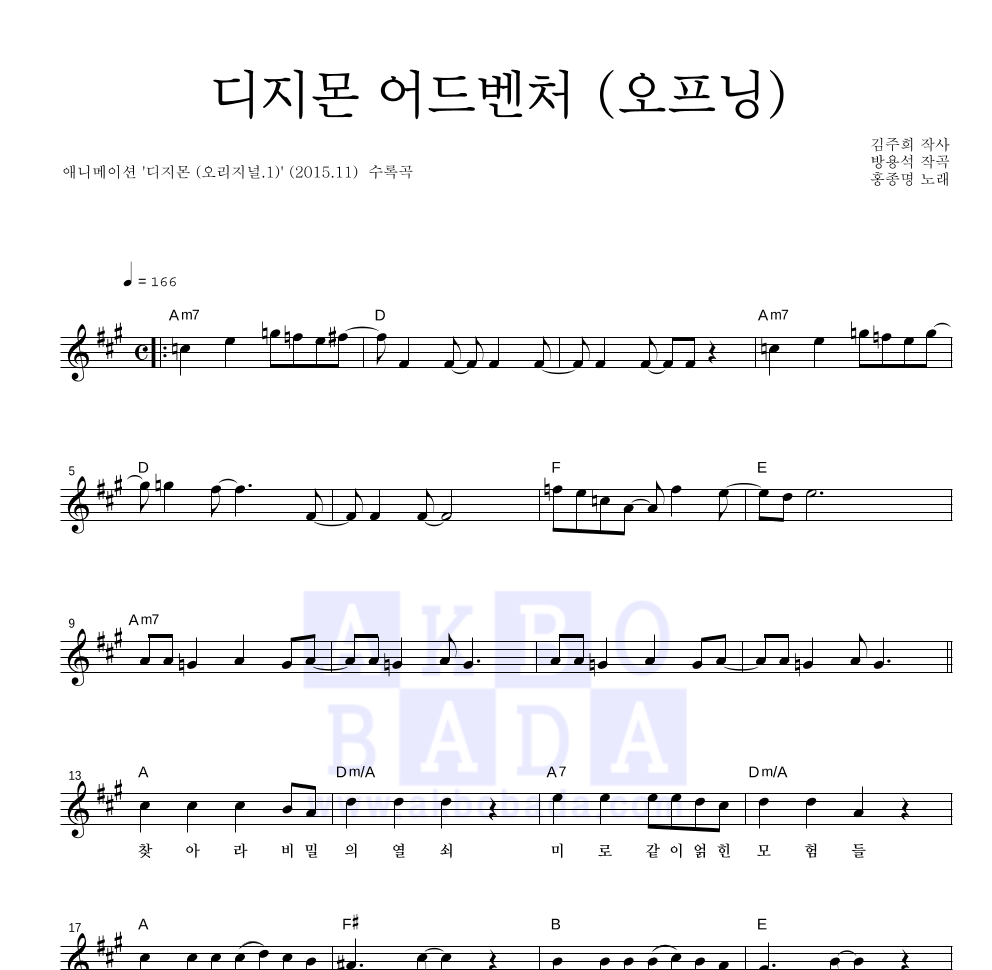 디지몬 어드벤처 OST - 디지몬 어드벤처 (오프닝) 멜로디 악보 