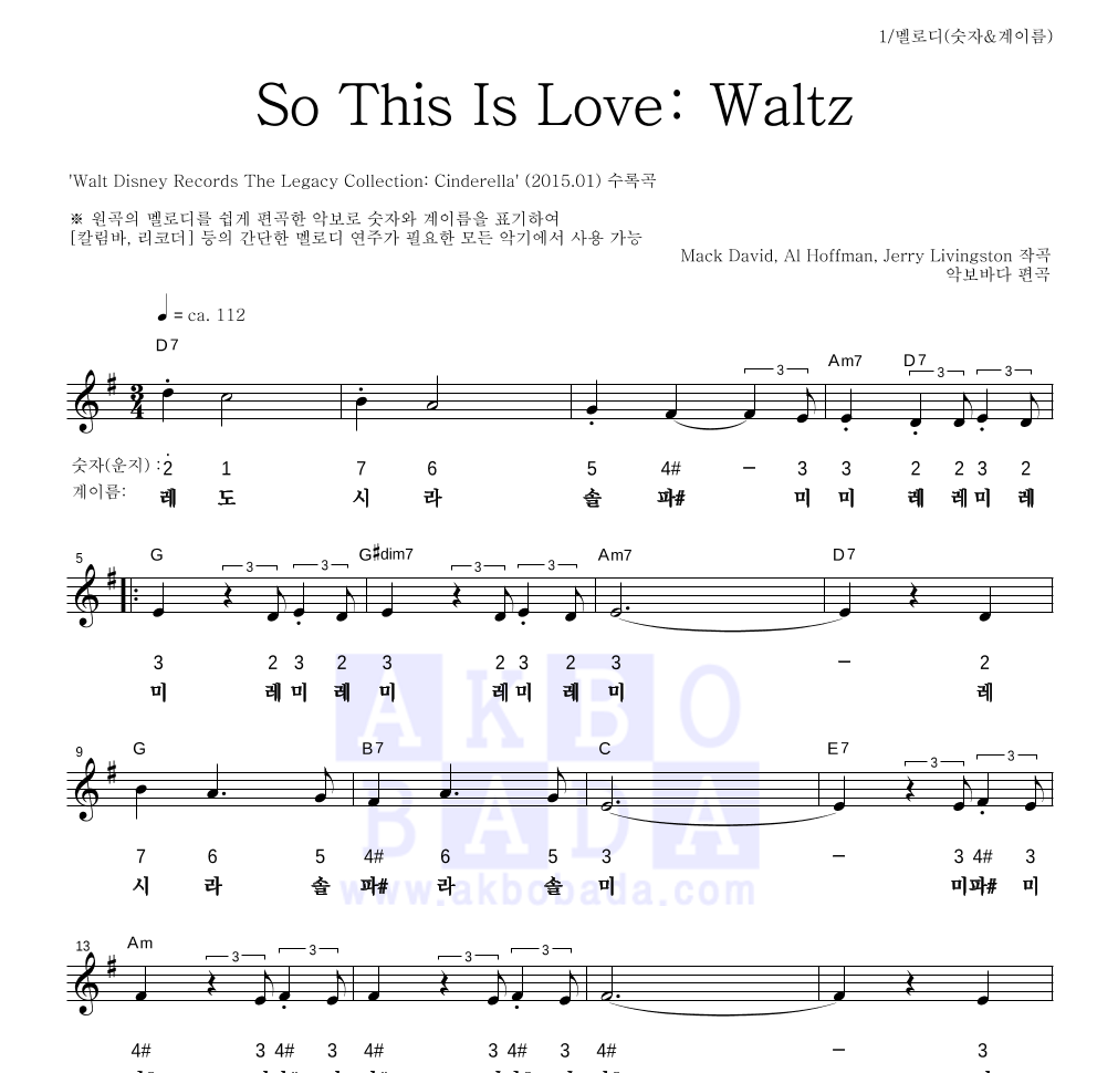 Mack David, Al Hoffman, Jerry Livingston - So This Is Love: Waltz 멜로디-숫자&계이름 악보 