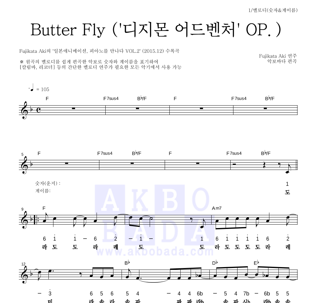 Fujikata Aki - Butter Fly ('디지몬 어드벤처' OP.) 멜로디-숫자&계이름 악보 
