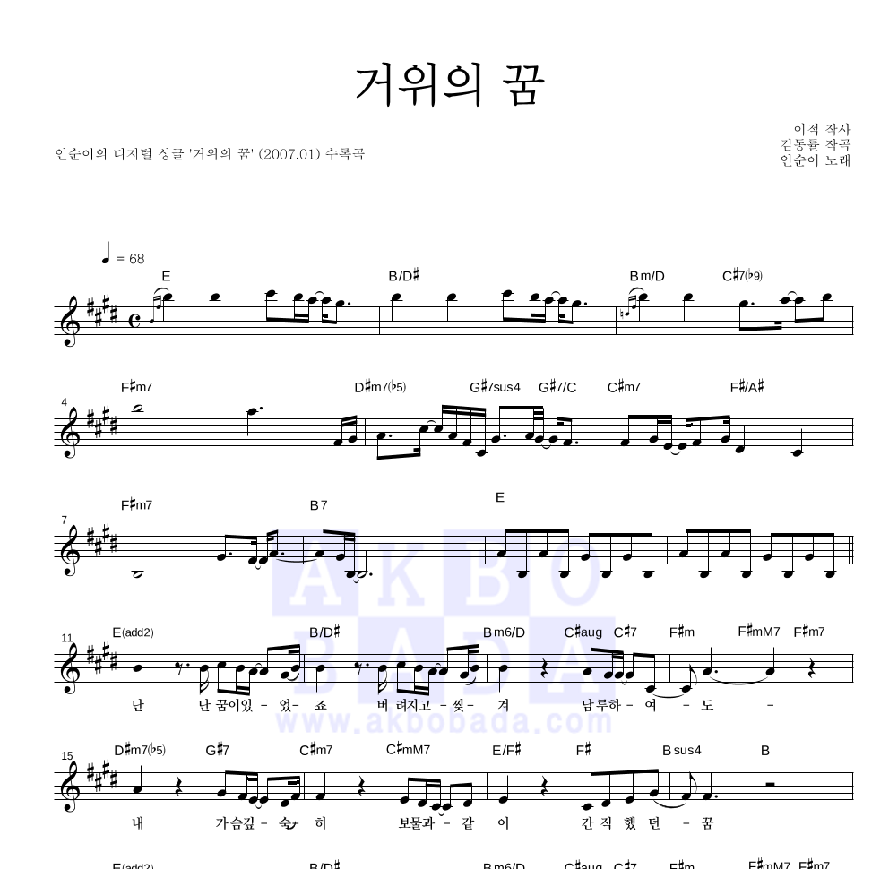 인순이 - 거위의 꿈 멜로디 악보 