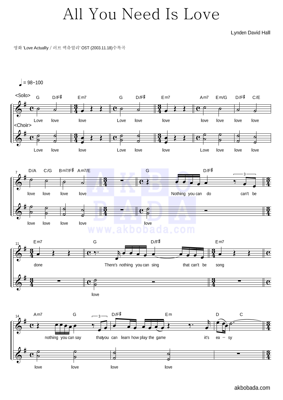 Lynden David Hall - All You Need Is Love 여성3부 악보 