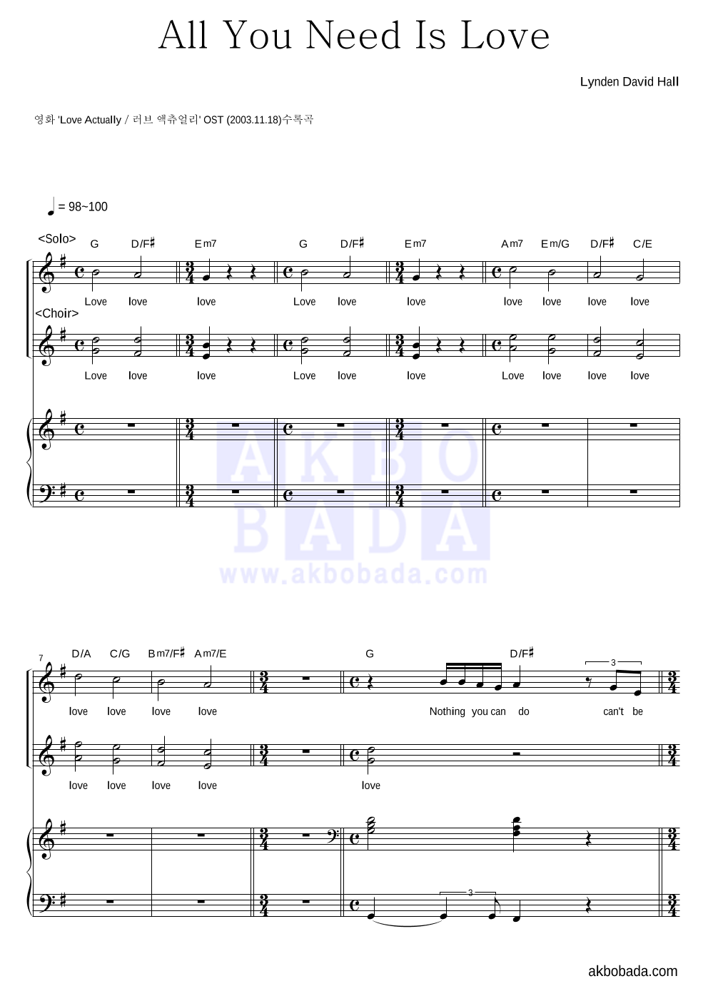 Lynden David Hall - All You Need Is Love 여성3부 악보 