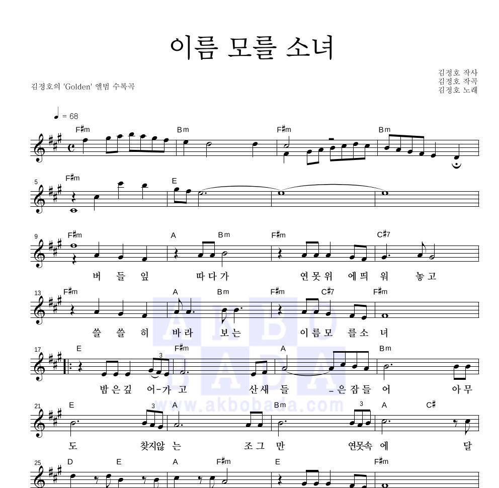 김정호 - 이름 모를 소녀 멜로디 악보 