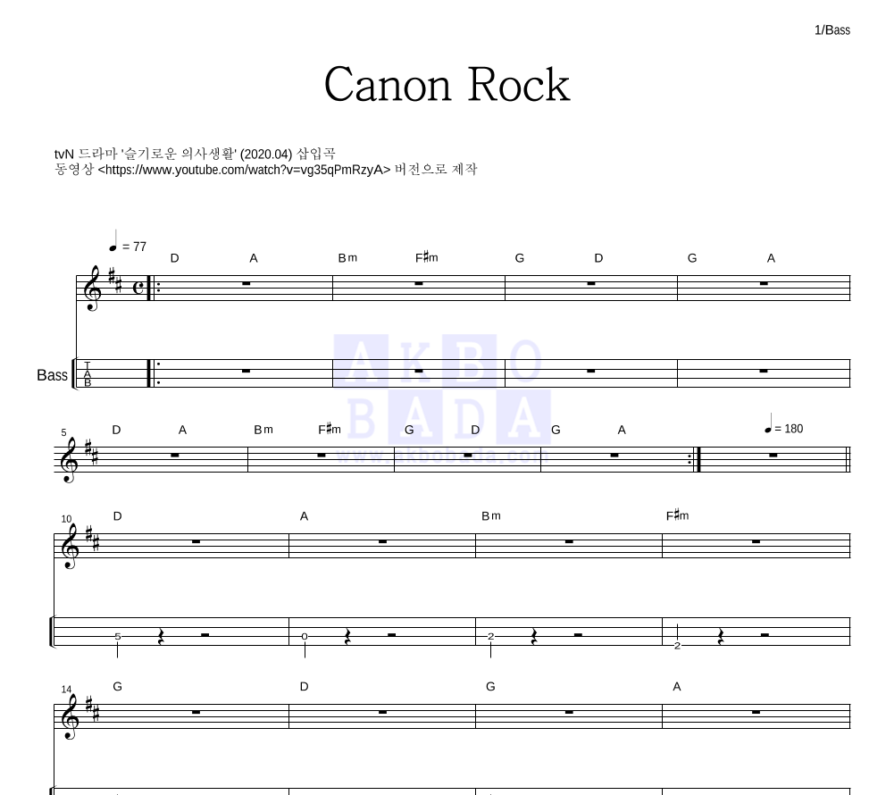미도와 파라솔 - Canon Rock 베이스(Tab) 악보 