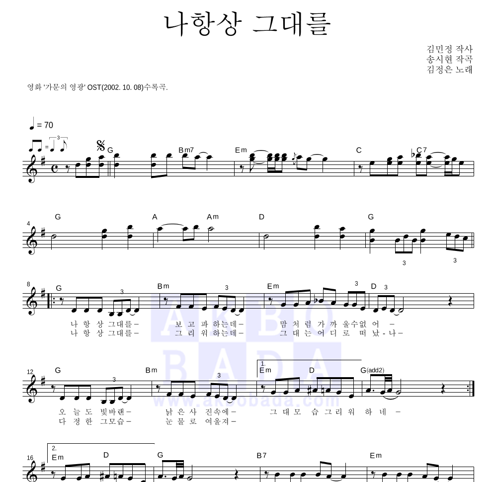 김정은(배우) - 나 항상 그대를 멜로디 악보 