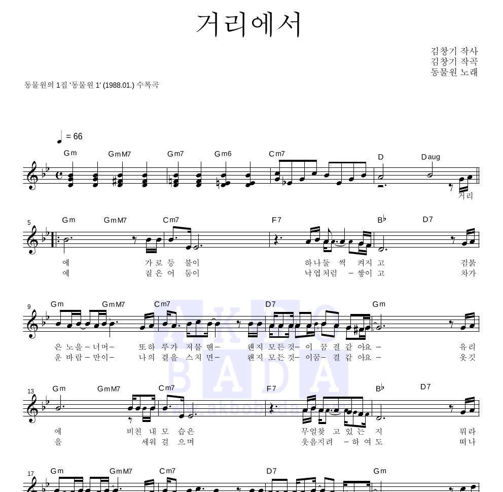 동물원 - 거리에서 멜로디 악보 