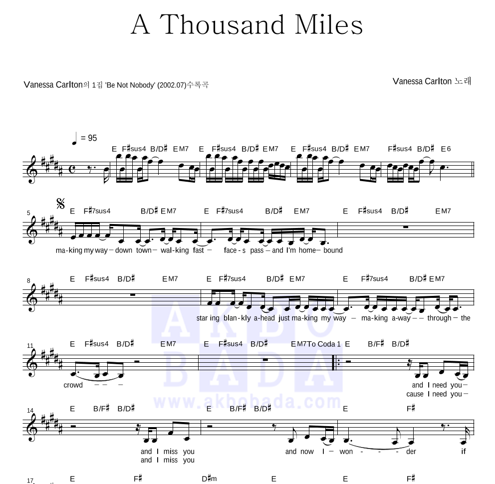 Vanessa Carlton - A thousand miles 멜로디 악보 