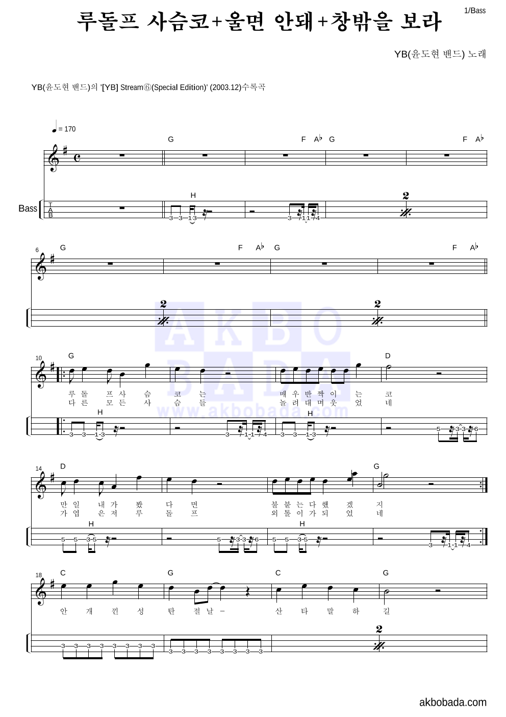 YB(윤도현 밴드) - 루돌프 사슴코+울면 안돼+창밖을 보라 베이스(Tab) 악보 