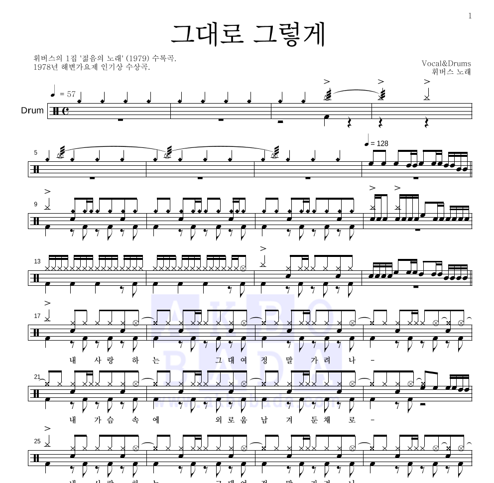 휘버스 - 그대로 그렇게 드럼(Tab) 악보 