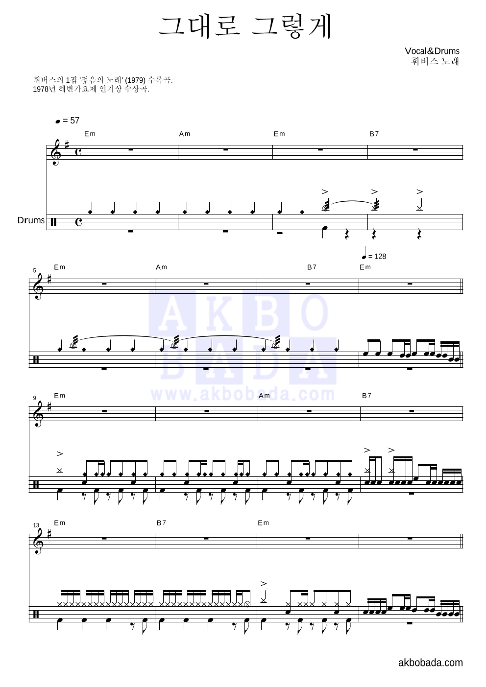 휘버스 - 그대로 그렇게 드럼 악보 