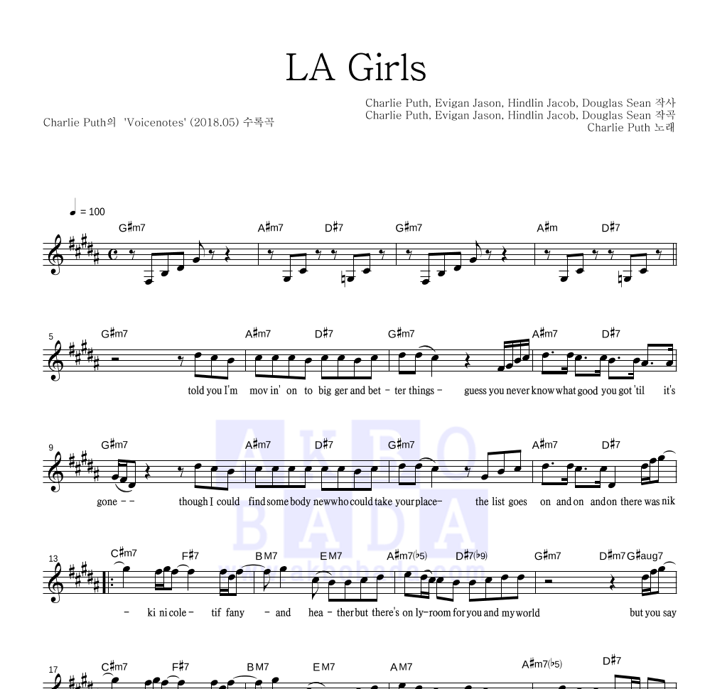 Charlie Puth - LA Girls 멜로디 악보 