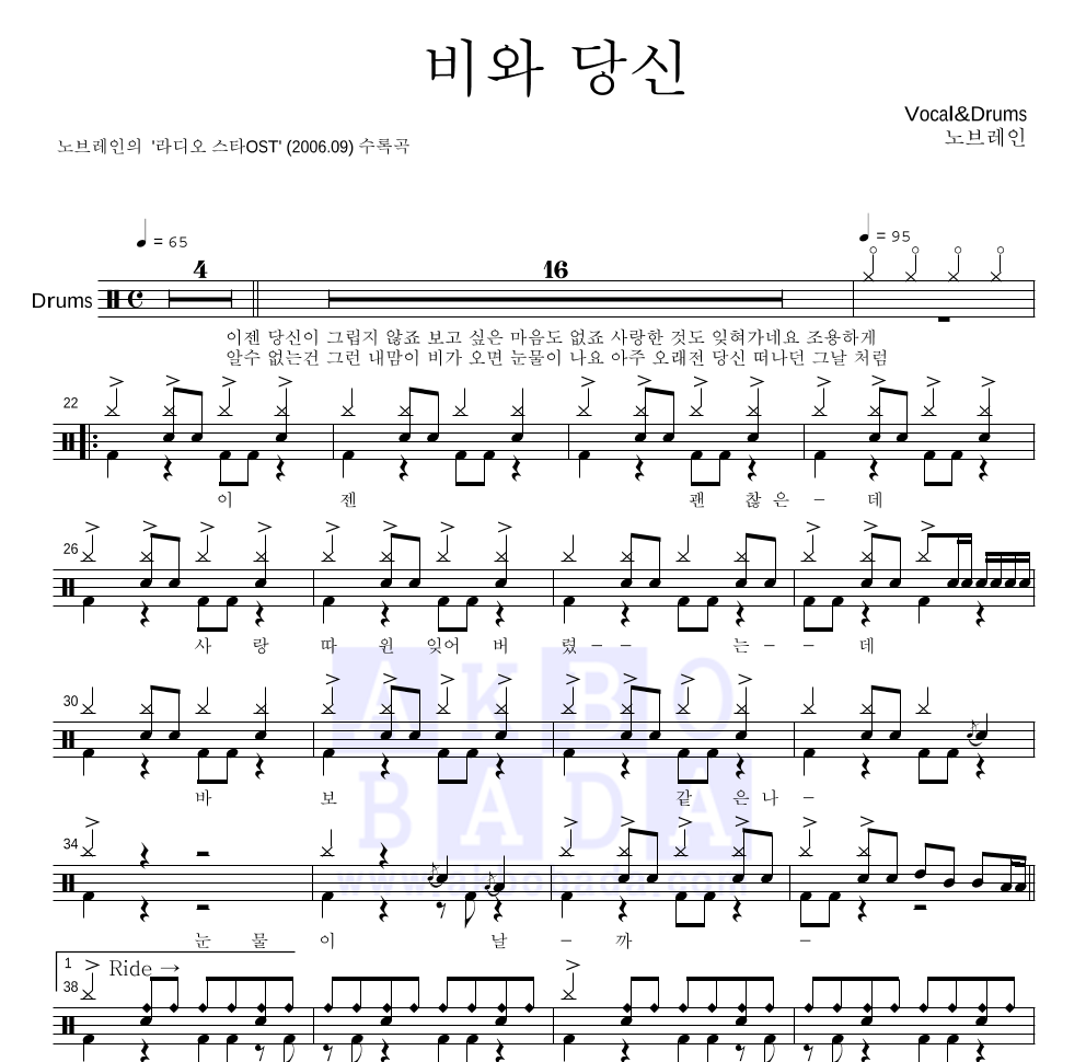 노브레인 - 비와 당신 드럼(Tab) 악보 