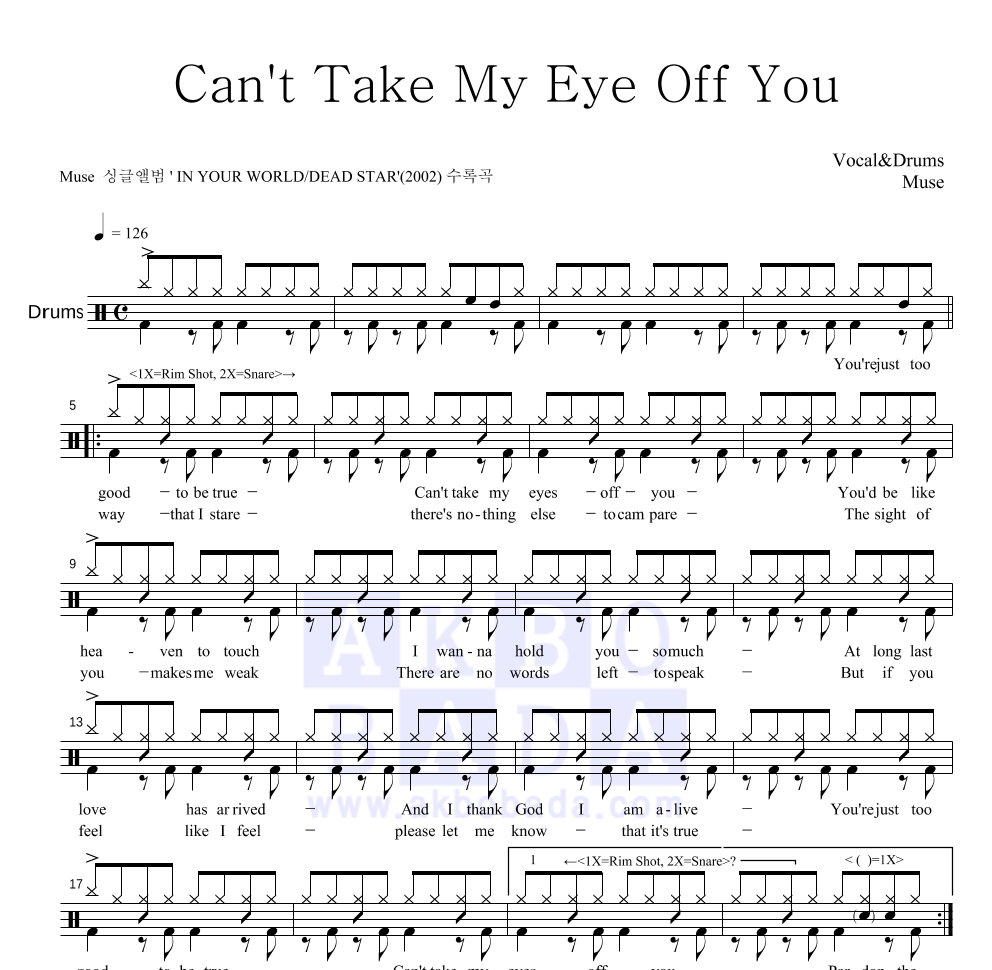 Muse - Can't Take My Eyes Off You 드럼(Tab) 악보 