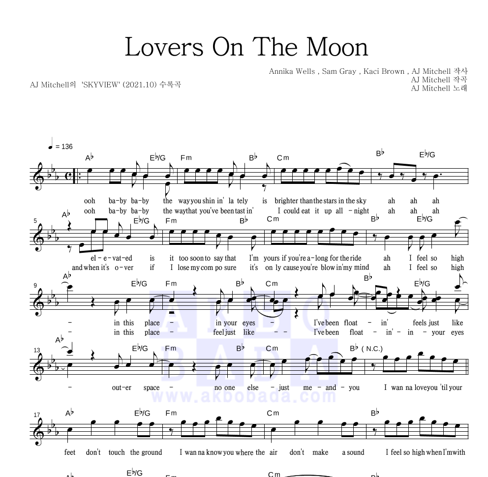 AJ Mitchell - Lovers On The Moon 멜로디 악보 