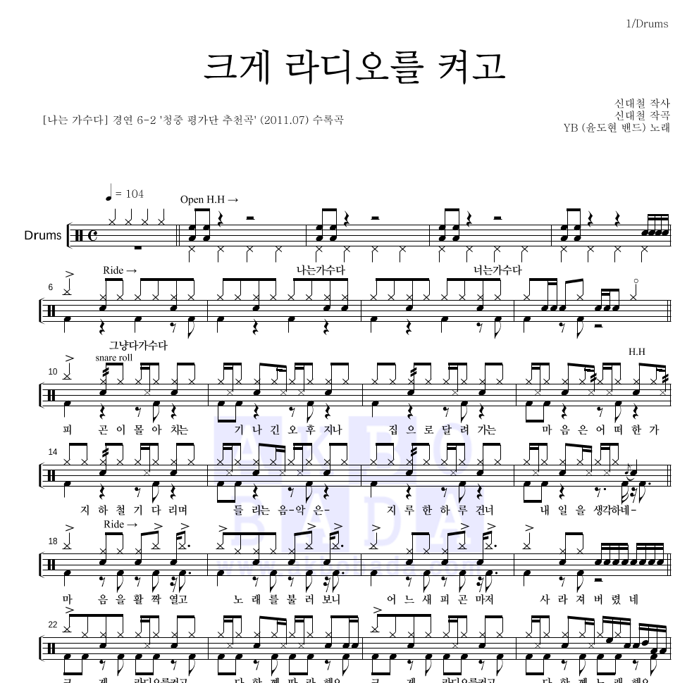 YB(윤도현 밴드) - 크게 라디오를 켜고 (시나위) 드럼(Tab) 악보 