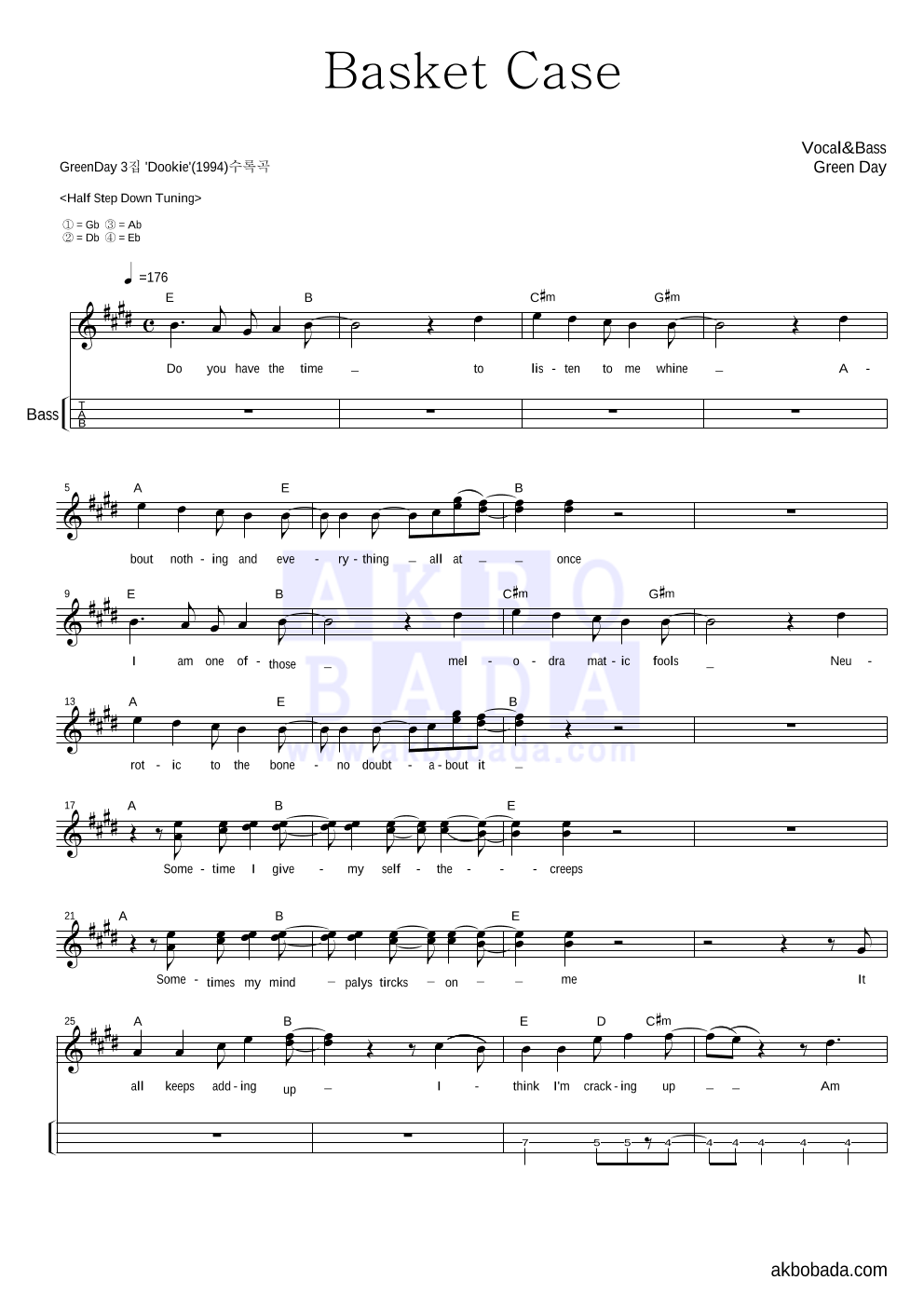 Green Day - Basket Case 베이스(Tab) 악보 