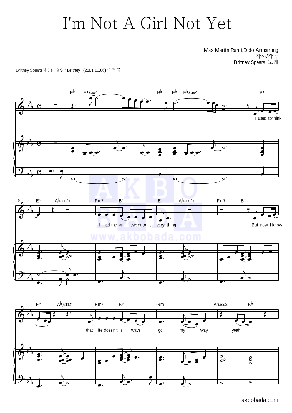 Britney Spears - I'm Not A Girl Not Yet 피아노 3단 악보 