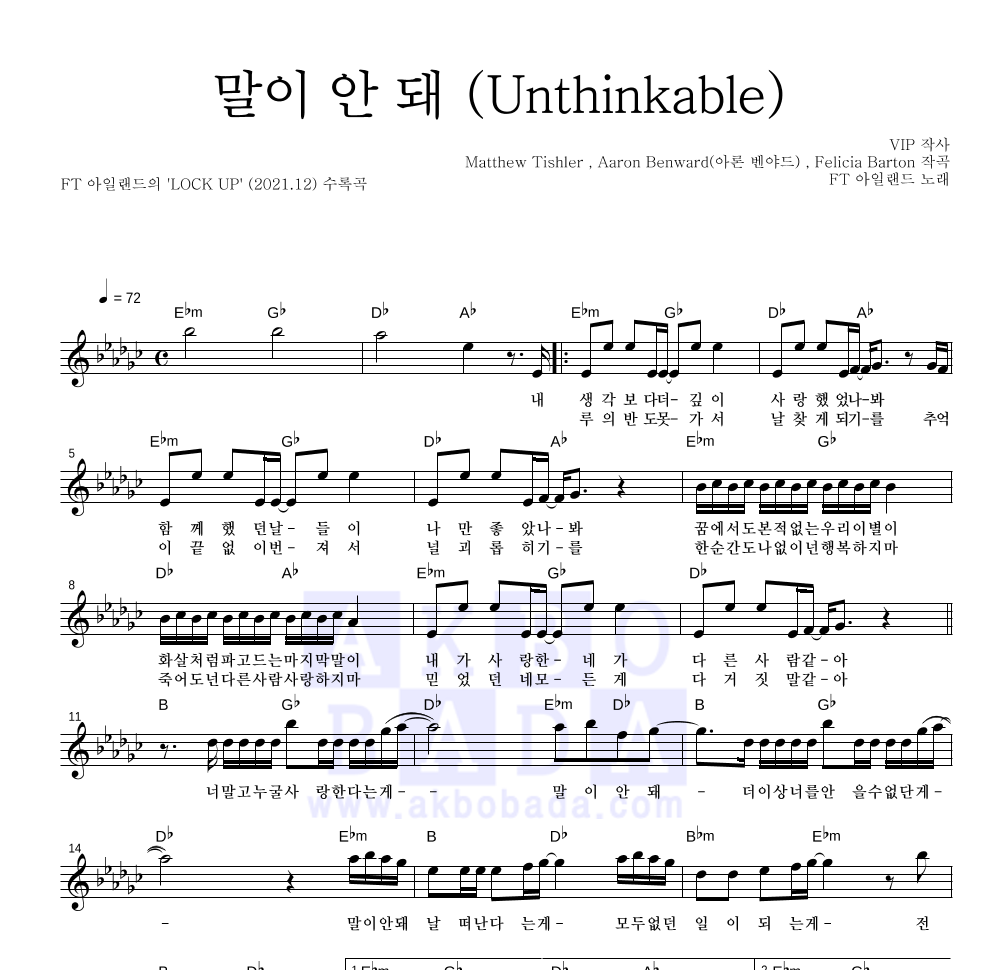 FT 아일랜드 - 말이 안 돼 (Unthinkable) 멜로디 악보 