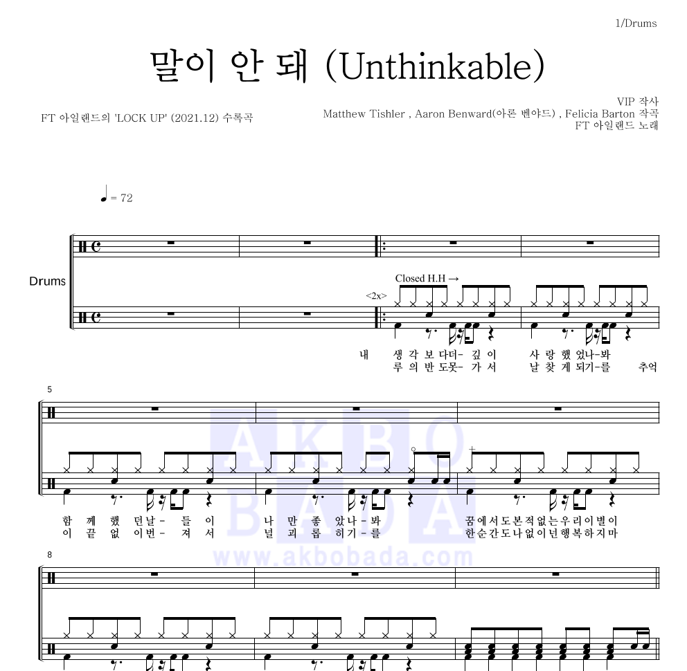 FT 아일랜드 - 말이 안 돼 (Unthinkable) 드럼(Tab) 악보 