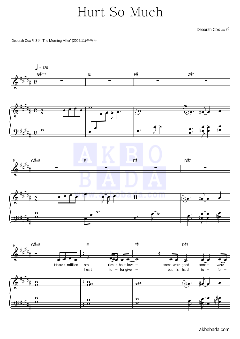 Deborah Cox - Hurt So Much 피아노 3단 악보 