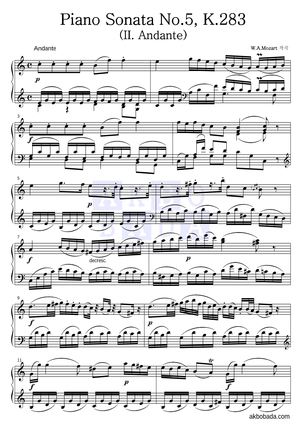 모차르트 - Piano Sonata No.5, K.283 피아노 2단 악보 