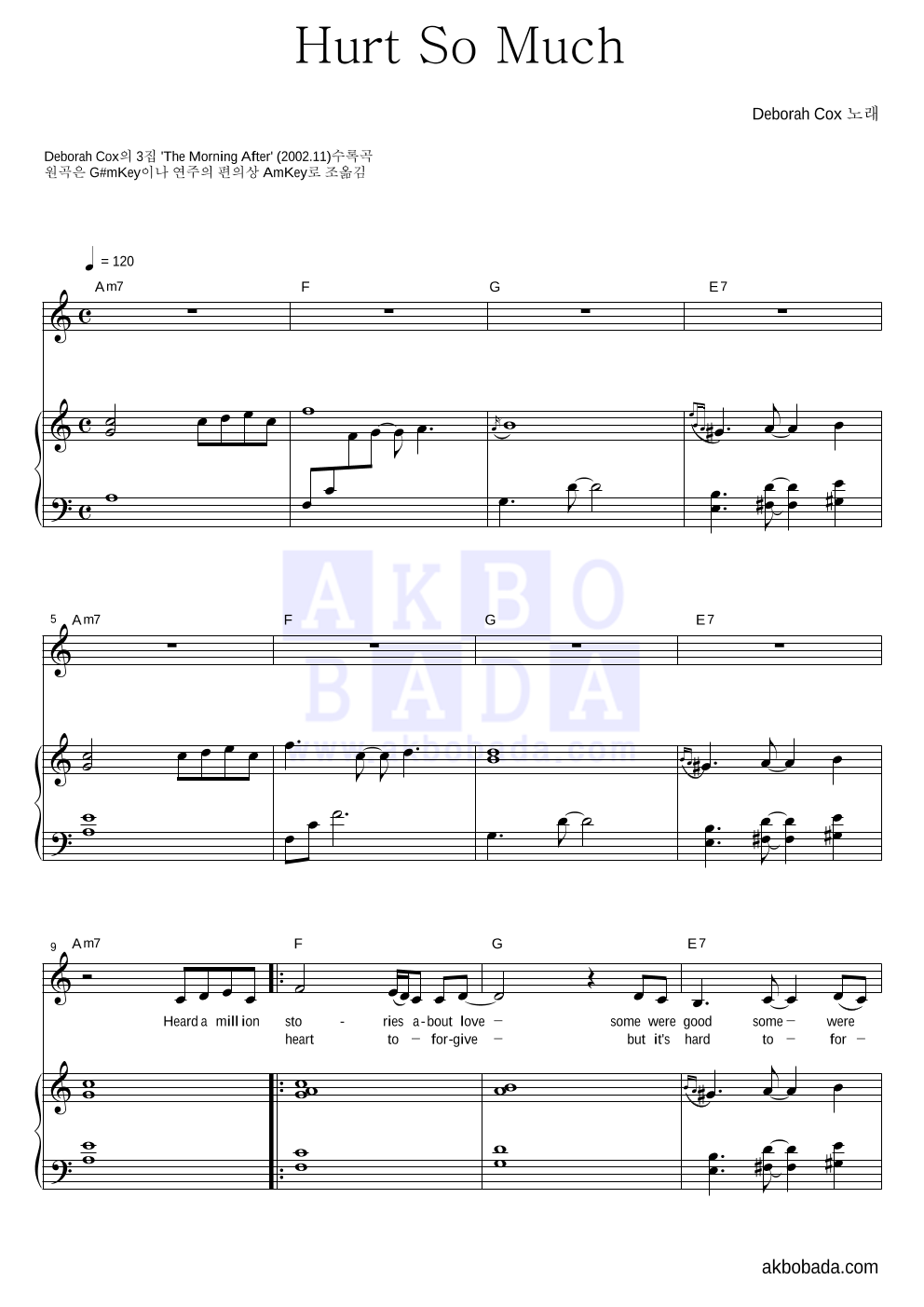 Deborah Cox - Hurt So Much 피아노 3단 악보 