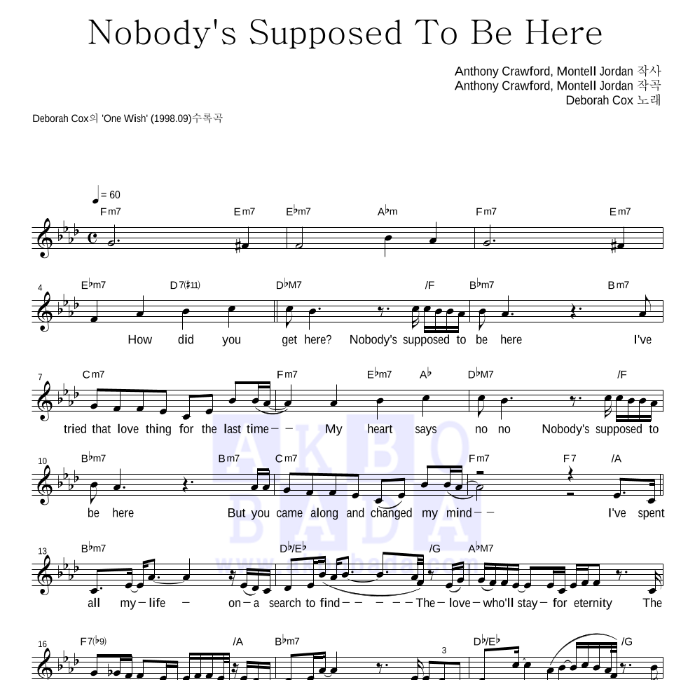 Deborah Cox - Nobody's Supposed To Be Here 멜로디 악보 