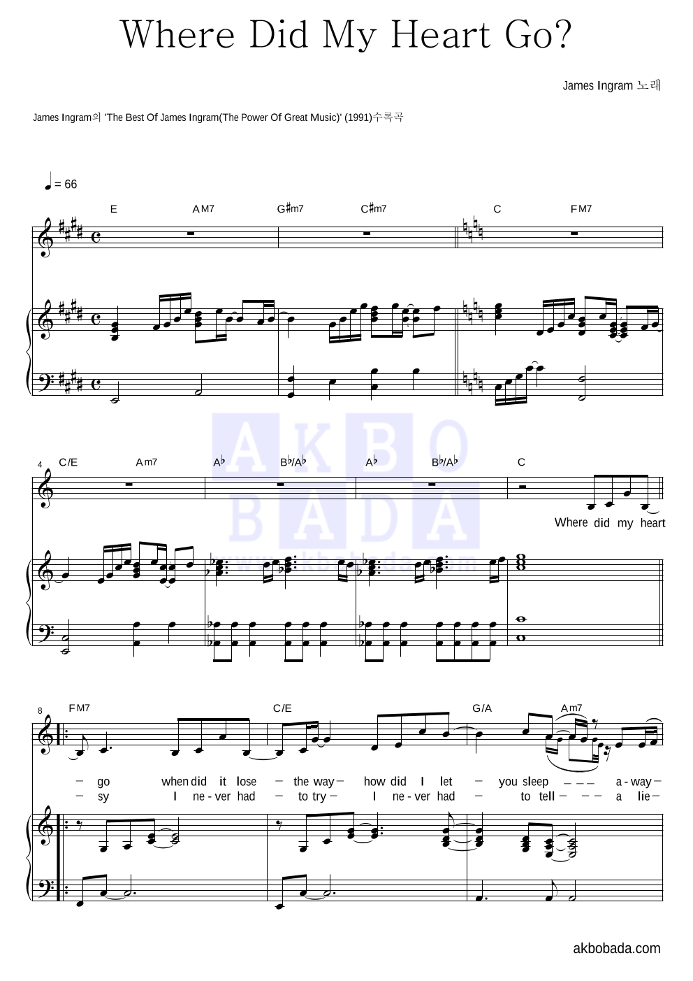 James Ingram - Where Did My Heart Go? 피아노 3단 악보 