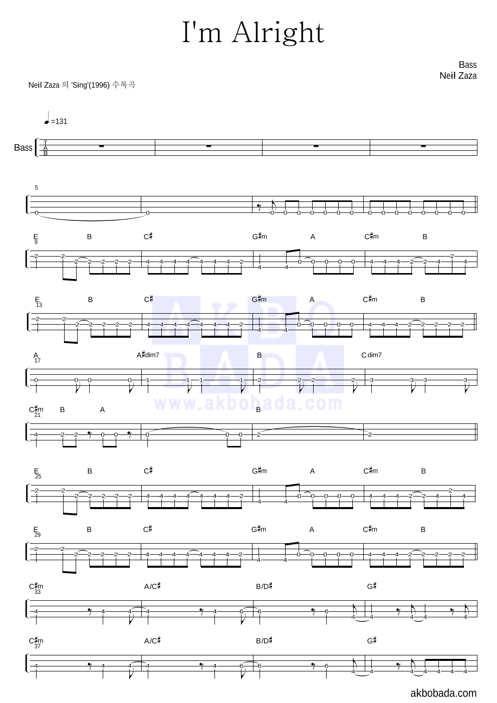 Neil Zaza - I'm Alright 베이스(Tab) 악보 
