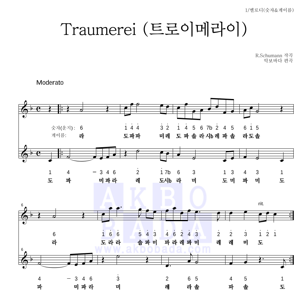 슈만 - 트로이메라이 멜로디-숫자&계이름 악보 