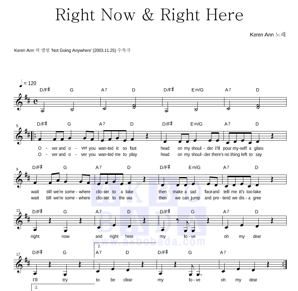 Keren Ann - Right Now & Right Here 멜로디 악보 