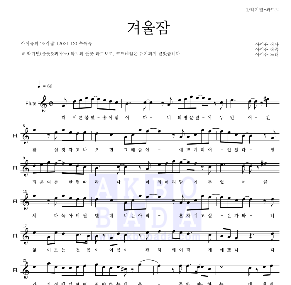 아이유 - 겨울잠 플룻 파트보 악보 