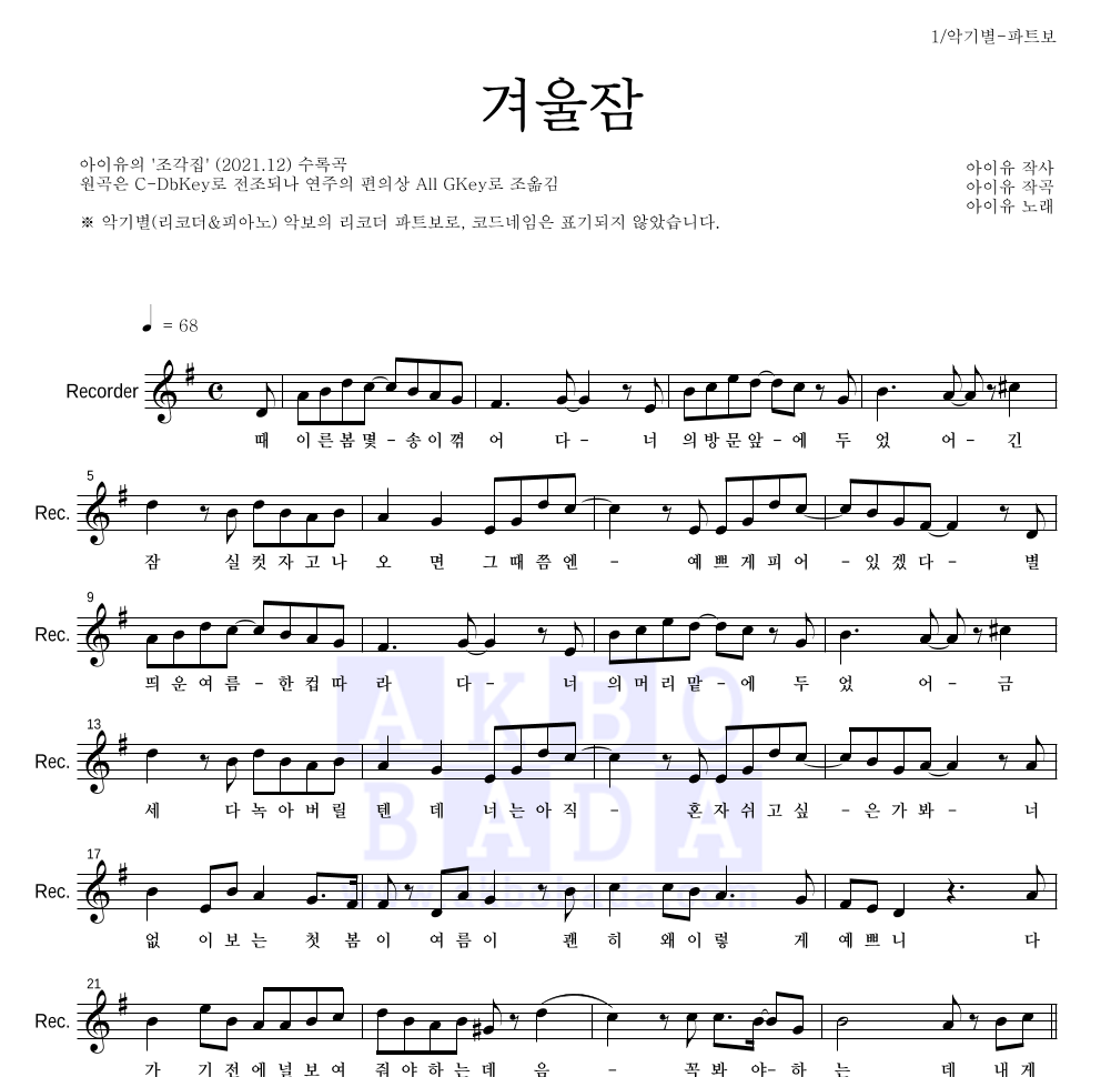 아이유 - 겨울잠 리코더 파트보 악보 