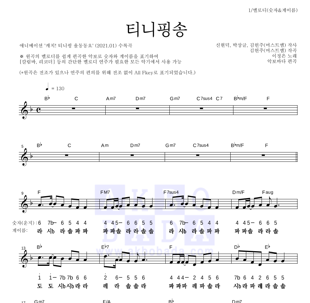 동요 - 티니핑송 멜로디-숫자&계이름 악보 