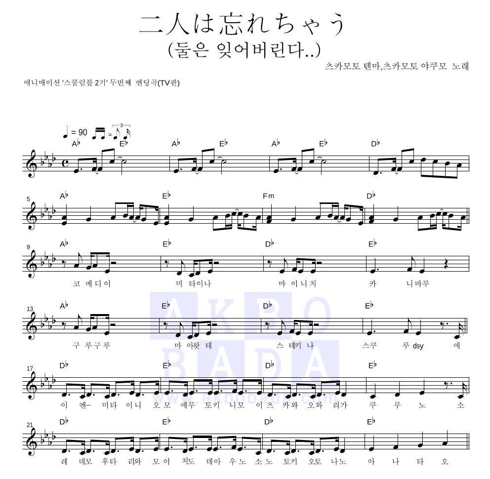 Tsukamoto Tenma,Tsukamoto Yakumo - 二人は忘れちゃう (둘은 잊어버린다..) 멜로디 악보 