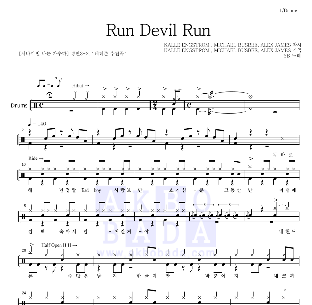 YB(윤도현 밴드) - Run Devil Run 드럼(Tab) 악보 